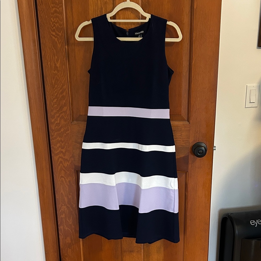 NWT Nina Leonard Navy and Lavender Colorblock Jewelneck Dress S (4-6)